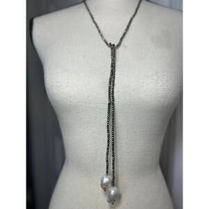 Baroque Pearl Lariat Necklace Hematite Beaded Y Necklace Dainty Elegant